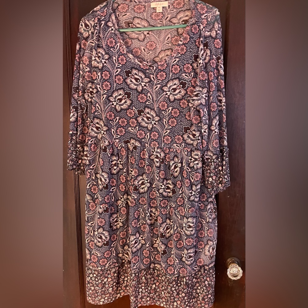Mesh layered dress in light blue and pink floral.